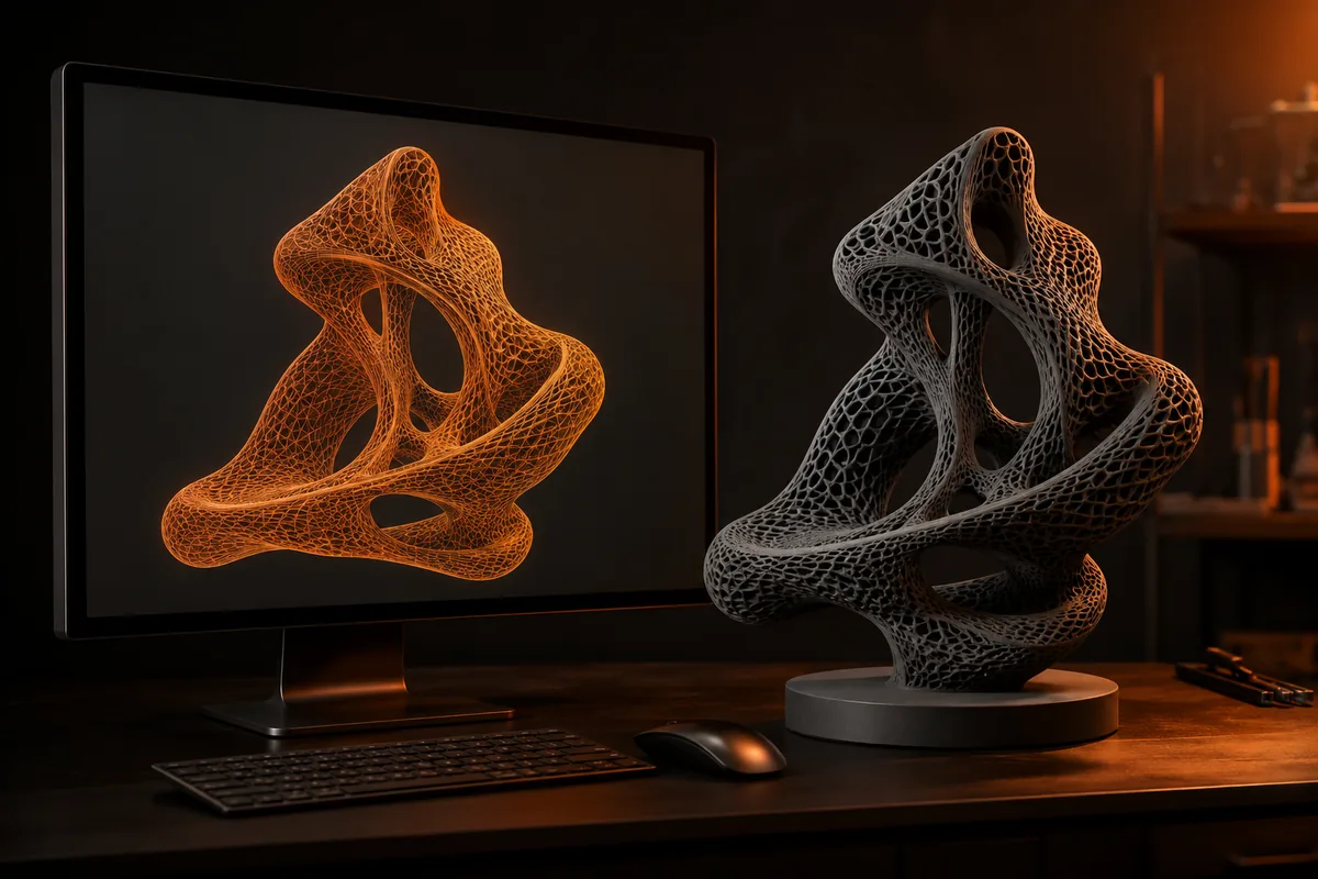 Postazione di modellazione 3D: sul monitor la mesh wireframe di una scultura organica, accanto allo schermo lo stesso oggetto stampato in 3D