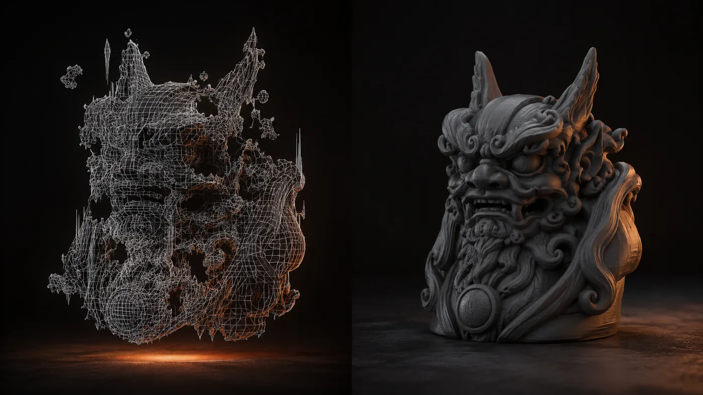 Confronto tra una mesh 3D generata dall'IA, caotica e piena di errori topologici, e lo stesso soggetto ricostruito e stampato in 3D, pulito e definito