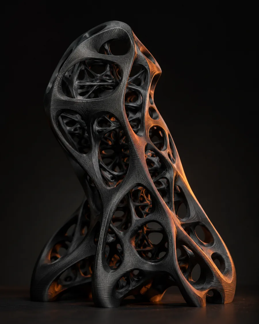 Struttura biomorfica reticolare stampata in 3D: geometria organica complessa realizzabile solo con design generativo