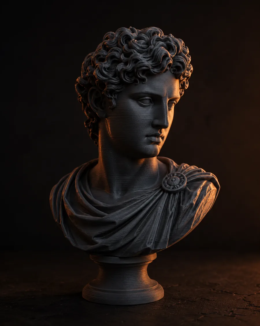 Busto classico stampato in 3D con capelli ricci e panneggio ad alto dettaglio, illuminato da luce rame laterale